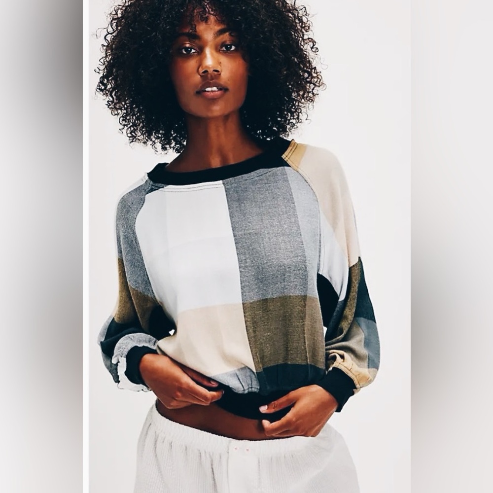 Free People Intimately Plaid Pullover - Heathered Taupe & Camel - Size L NWT